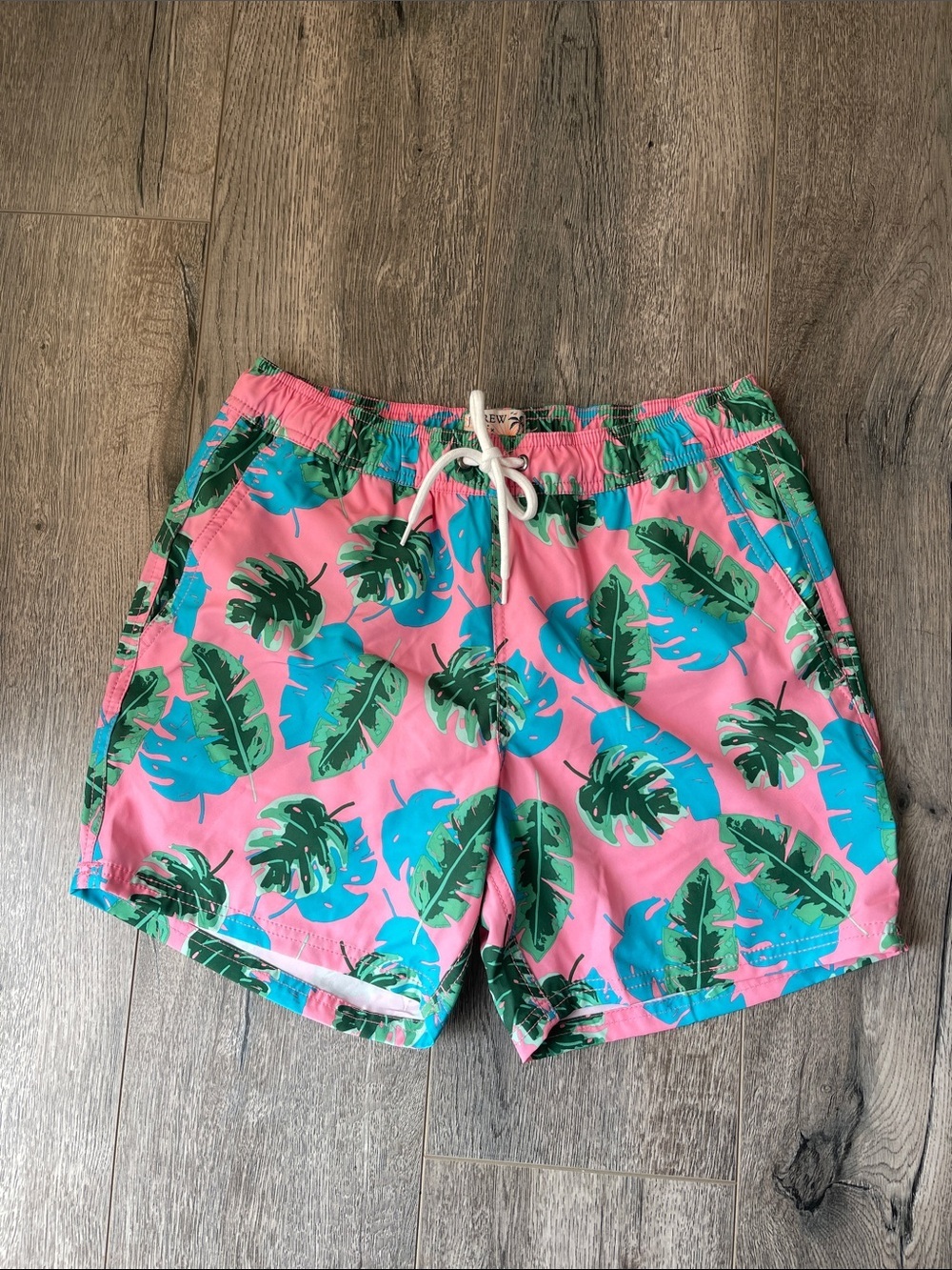 J. Crew Pink Tropical Leaf Swim Trunks